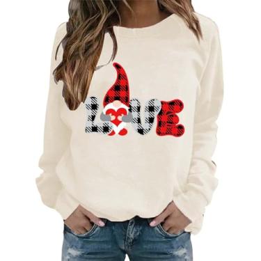 Imagem de Suéter feminino Love Heart Dia dos Namorados. Camiseta listrada de manga 3/4 solta para casais presente, Bege, GG