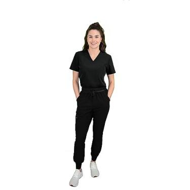 Imagem de Green Town Blusa feminina com gola V e calça de ioga slim fit jogger conjunto médico GT 4FLEX blusa e calça, Preto, XX-Large Petite