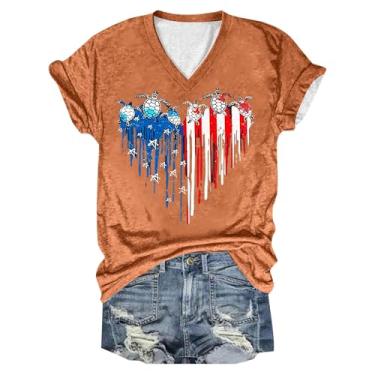 Imagem de Camiseta feminina 4th of July Bandeira Americana Estrelas Listras Camiseta Tartaruga Marinha Manga Curta Gola V Blusa Patriótica, Laranja, M