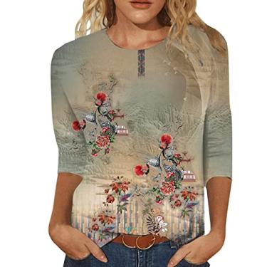 Imagem de Blusas femininas de outono manga 3/4 2024 blusas elegantes modernas túnica solta 2024 camisetas básicas para trabalho, Bronze, P