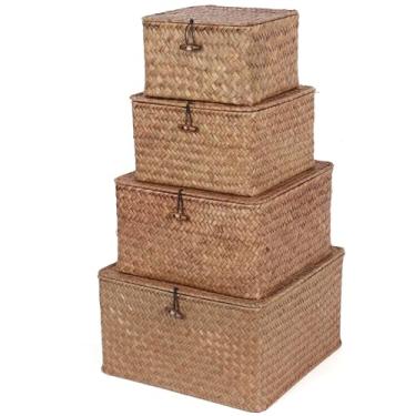 Imagem de Moosky Cestas de vime com tampa, cesto de armazenamento de algas marinhas feitas à mão, caixas de presente quadradas para prateleiras, organizador de decoração de casa (café, conjunto de 4)