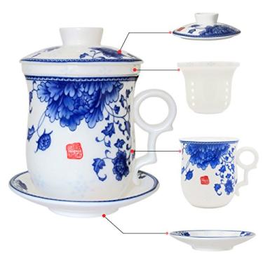 Imagem de Conjunto de xícaras de chá de porcelana com tampa de infusor e pires – Caneca de café de cerâmica Jingdezhen chinesa com sistema de preparação de chá de folhas soltas para home office