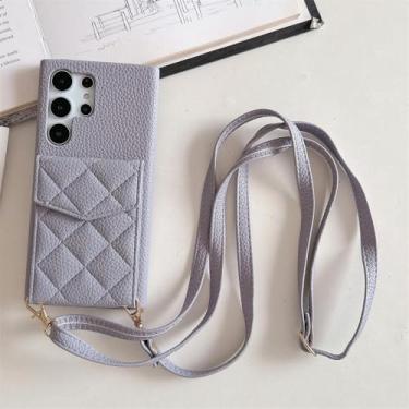 Imagem de Carteira de couro treliça flip card case para Samsung S24 Ultra S23 FE S22 Plus A55 A35 A15 A54 A24 A14 A53 A23 Capa de cordão, cinza, para Samsung A24