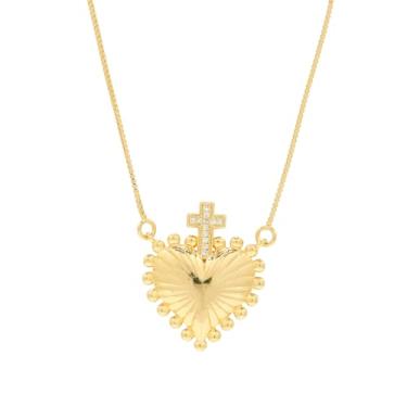Imagem de Colar Coração com Cruz Pedras Zirconias Semi Joias Banhado Ouro 18k