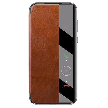 Imagem de HAO RIYLN Capa de couro genuíno para Huawei Pura 70 Ultra/70 Pro +/70 Pro/70, janela de visão clara, capa protetora de luxo, marrom, 70 Pro +