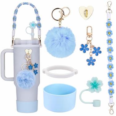 Imagem de Rhewatin Acessórios para copo Stanley Cup 1,134 g, acessórios para Stanley Cup, incluindo 1 alça de copo, 1 bota de copo de silicone, 1 capa de canudo de silicone, 2 pingentes, azul