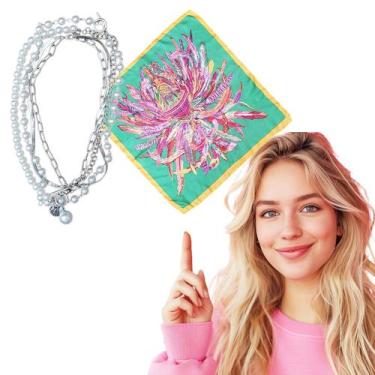 Imagem de Kit Trio de Colar Choker Misto com Pérola + 1 Lenço Estampado 50x50 Pe