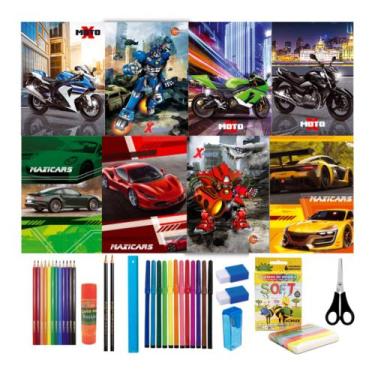 Imagem de Kit 8 Cadernos Brochura Menino Material Escolar + Acessórios - Máxima 