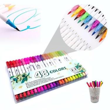 Imagem de Kit 48 Canetas Ponta Dupla Brush Pincel Canetinha Desenhar Pintura Esc