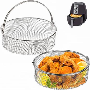 Imagem de Elsjoy Pacote com 2 cestas de fritadeira a ar, acessório de substituição para fritadeira a ar de 20 cm, cesta de malha com alça, cesta de aço inoxidável 18/8 para fritadeira a ar, panela instantânea,