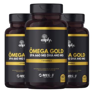 Imagem de Kit 3x Ômega 3 Gold 1.100mg Óleo de Peixe Concentrado EPA 660mg DHA 440mg Puro com Selo Meg-3 + Vitamina E 60 Cápsulas Original