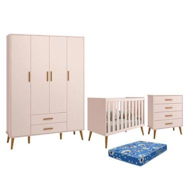 Imagem de Dormitório Infantil Isis Guarda Roupa 4 Portas Cômoda E Berço Rosa Com Colchão Reller Móveis Rosa