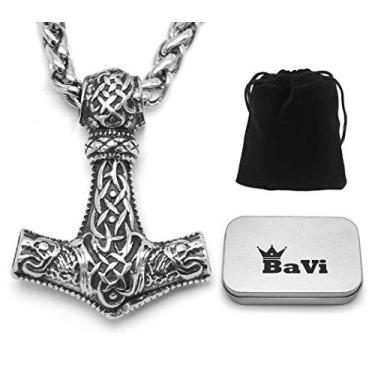 Imagem de Colar BaviPower Mjolnir The Thor's Hammer com pingente de lobo Fenrir ♦ Aço inoxidável ♦ Colar nórdico escandinavo ♦ Joia viking autêntica