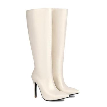 Imagem de Rock88 Botas femininas na altura do joelho, bico fino com salto alto, botas longas de puxar para uso casual e escritório, Bege, 38