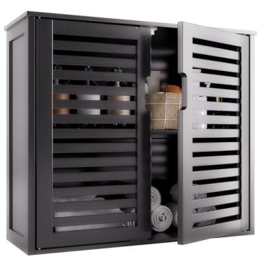 Imagem de HITNET Armário de armazenamento de banheiro preto, armário de remédios suspenso com prateleira ajustável, organizador de economia de espaço montado na parede de bambu sobre o vaso sanitário, portas