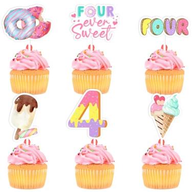 Imagem de Wonmelody 24PCS Ice Cream Donut Cupcake Toppers Donut 4th Birthday Decor Fourever Sweet Party Decor with Pastels Ice Cream Donut Candy Four Cake Topper Supplies for 4th Sprinkle Donuts Birthday Girls