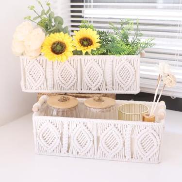 Imagem de Cestas de armazenamento de macramê, conjunto organizador de tecido decorativo, branco, 2 peças