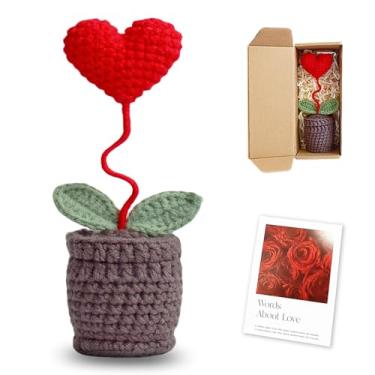 Imagem de MAIQUNE Vaso de flores de crochê, vaso de malha feito à mão, buquê de coração vermelho de crochê, presentes para família, amor, esposa, dia das mães, dia das mães e decoração de painel de carro