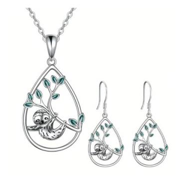 Imagem de Conjunto de brincos e colar com pingente de preguiça fofo, folha verde, pingente, brincos, joias de animais para mulheres, Zinco, Sem Pedra Preciosa