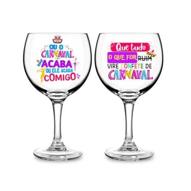 Imagem de Kit 2 Taças Gin/Drinks Personalizada Festa Carnaval 630ml Vidro Transparente C/Frases Bloquinho Humor Taça Decorada Colorida Confete