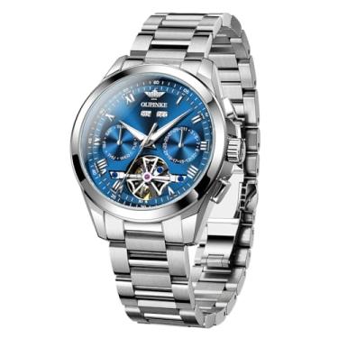 Imagem de OUPINKE Relógio masculino esqueleto, mecânico, automático, luxuoso, à prova d'água, cristal de safira, relógio de pulso masculino (mostrador dourado/azul/preto/verde), 3281: pulseira prata e mostrador