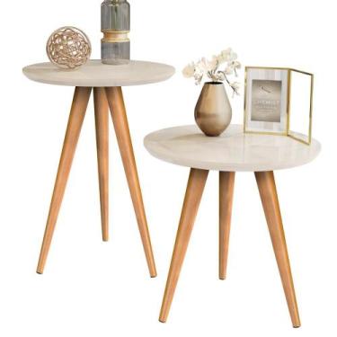 Imagem de Conjunto 2 Mesa Tampo Redondo Mesinha Madeira de Apoio e Lateral de So