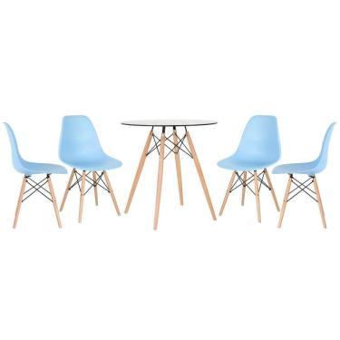 Imagem de Mesa Redonda Eames Com Tampo De Vidro 70 Cm + 4 Cadeiras Eiffel Dsw Azul Claro
