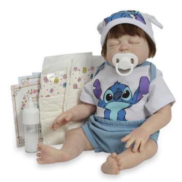 Imagem de Boneco Reborn Realista Cabelo Fio a Fio Roupa Stitch E Itens - Cegonha