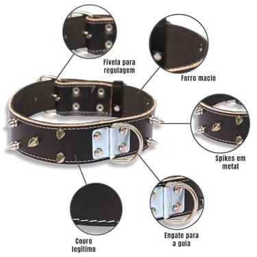 Imagem de Coleira de couro para cachorros grandes 70cm cravos +guia amortecedor (Vermelha)