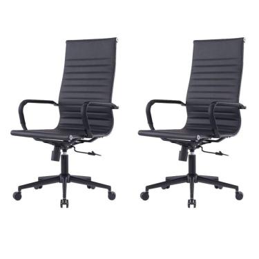 Imagem de Kit 2 Cadeiras Escritório Manhattan Black Esteirinha Presidente Fratini Pu Preto Base Rodízio Preto