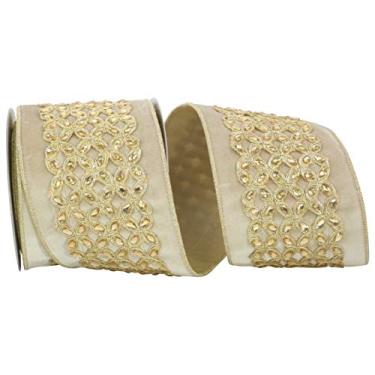 Imagem de Reliant Ribbon Fita bordada de veludo de pelúcia com borda com fio, 10,16 cm x 4,5 m, camelo