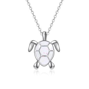 Imagem de Colar com pingente de tartaruga marinha e opala criada da ATIMIGO, corrente prateada, joia de animal, presente para mulheres e meninas Branco