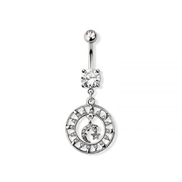 Imagem de Pierced Owl 14GA 316L Aço Inoxidável CZ Cristal Lua e Sol Pingente Anel de umbigo, Metal, Zircônia cúbica