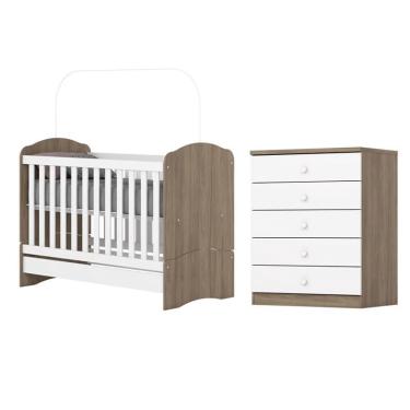 Imagem de Jogo de Quarto Infantil Cômoda e Berço Bala de Menta Rústico/Branco - Henn