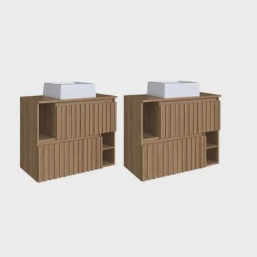 Imagem de Kit com 2 Gabinetes de Banheiro Suspenso 75cm Luiza com 2 Portas Basculante com Cuba Mel