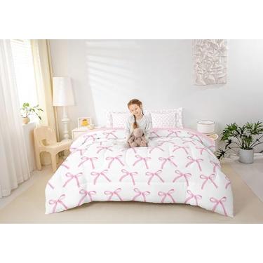 Imagem de Conjunto de cama Queen com laço de desenho animado de 7 peças, gravata borboleta rosa e nó de princesa, laço aquarela patchwork rosa e branco (edredom + lençol de cima + 2 fronhas + 2 fronhas de