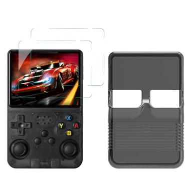 Imagem de TEHAOUU Capa TPU e 2 peças de filme temperado compatível com console de jogos R36S Capa transparente protetor de tela anti-arranhões resistência a impactos HD 9H acessórios de vidro temperado (preto
