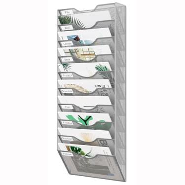 Imagem de EasyPAG Organizador de arquivos de parede de malha com 10 bolsos, suporte de pasta de papel para pendurar com etiqueta de classificação, organizador vertical de parede para escritório, casa, sala de