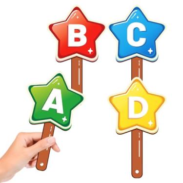 Imagem de HOOJOJO 4 Pçs de remo de leilão em forma de estrela, quadro de respostas ABCD, dupla face, portátil, apagável a seco com alça suprimentos para sala de aula