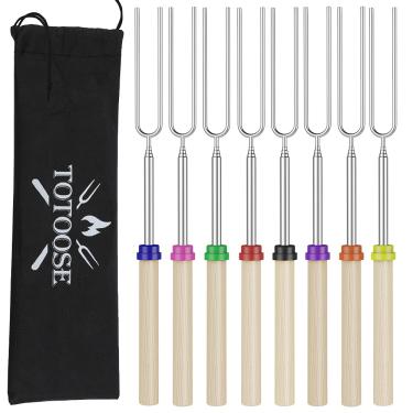 Imagem de TOTOOSE Varas Extensíveis para Assar Marshmallow - Conjunto de 8 Espetos Telescópicos Smores e Garfos de Cachorro-Quente com Cabo de Madeira para Fogueira - Kit de Churrasco de Aço Inoxidável de 32" P
