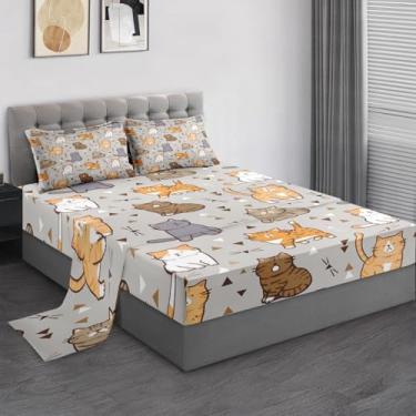 Imagem de Pamnest Jogo de lençol solteiro, gato fofo, cinza, microfibra macia, 3 peças, decoração de quarto de crianças e adultos, lençol com elástico e fronhas