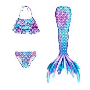 Imagem de LVTFCO Maiô de sereia para meninas colorido com escama de peixe frente única maiô 3 peças roupa de praia cosplay roupa de desempenho, azul-130
