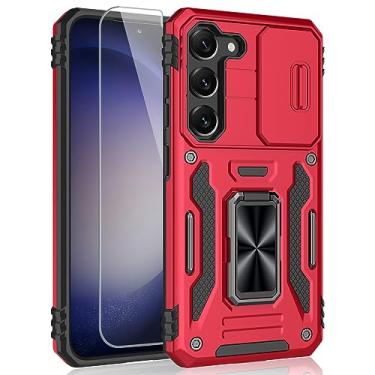 Imagem de SYONER Capa para Samsung Galaxy S23, capa de telefone à prova de choque com capa de câmera deslizante e suporte giratório de anel + protetor de tela de vidro temperado para Galaxy S23 (6,1 polegadas, 2023) [vermelho]