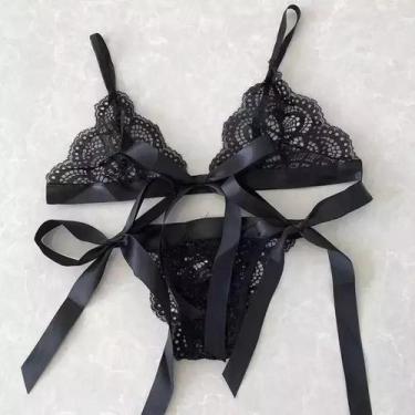 Imagem de Conjunto Sutiã e Calcinha de Renda Transparente ElaShopp, Preto