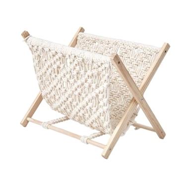 Imagem de YWJLQH Porta-revistas de macramê, suporte de armazenamento boho, dobrável, de madeira e corda de algodão para livros, jornais, estante para escritório e , 23x22x28cm