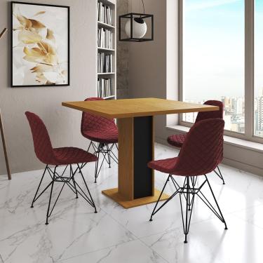 Imagem de Mesa Jantar Londres Quadrada Canela 90Cm Base Preta 4 Cadeiras Eames Estofadas Vermelho Ferro Preto
