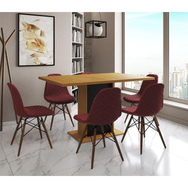 Imagem de Mesa Jantar Londres Retangular Canela 137X90 Base Preta 6 Cadeiras Estofadas Vermelho Madeira