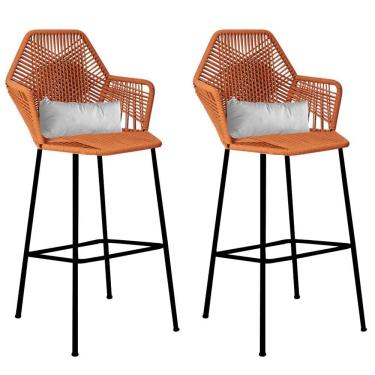 Imagem de Kit 02 Banqueta Alta Sttar Ferro Preto Fibra Terracota Almofada Branco - Amey Decor