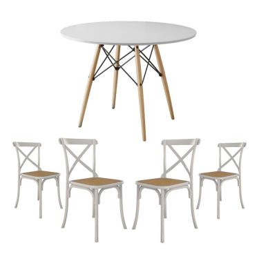 Imagem de Conjunto De Mesa Eiffel Redondo Tampo De Madeira 110Cm Branco Com 4 Cadeiras Katrina Br...