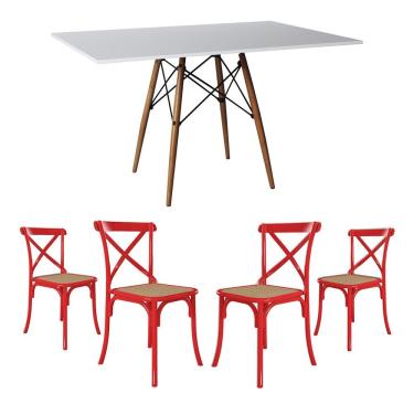 Imagem de Jogo De Mesa Eiffel Retangular Tampo De Madeira 120X75Cm Branco Com 4 Cadeiras Katrina Vermelha